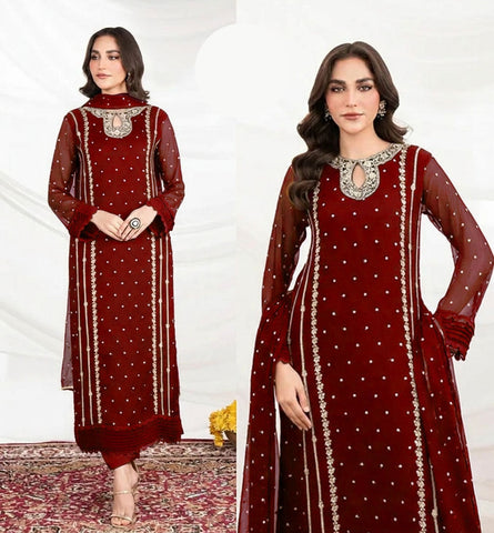 Medium Organza Front Neck Embroidered 3 Piece – Long Shirt with Allover Dupatta
