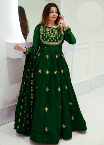 Medium All Over Zarri Embroidered Maxi 3 Piece – Chiffon with Polka Dot Dupatta