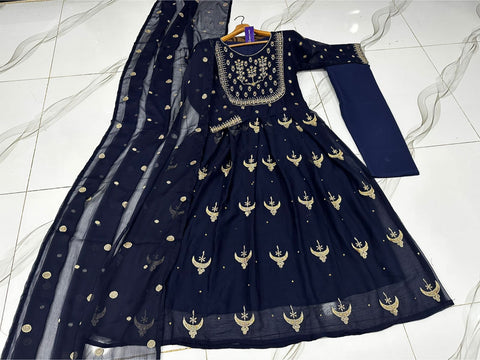 Medium All Over Zarri Embroidered Maxi 3 Piece – Chiffon with Polka Dot Dupatta