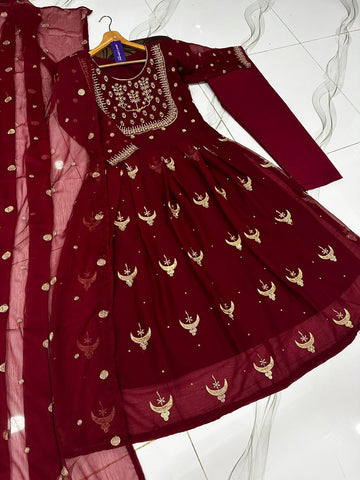 Medium All Over Zarri Embroidered Maxi 3 Piece – Chiffon with Polka Dot Dupatta