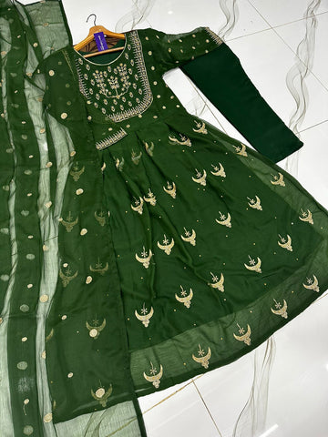 Medium All Over Zarri Embroidered Maxi 3 Piece – Chiffon with Polka Dot Dupatta
