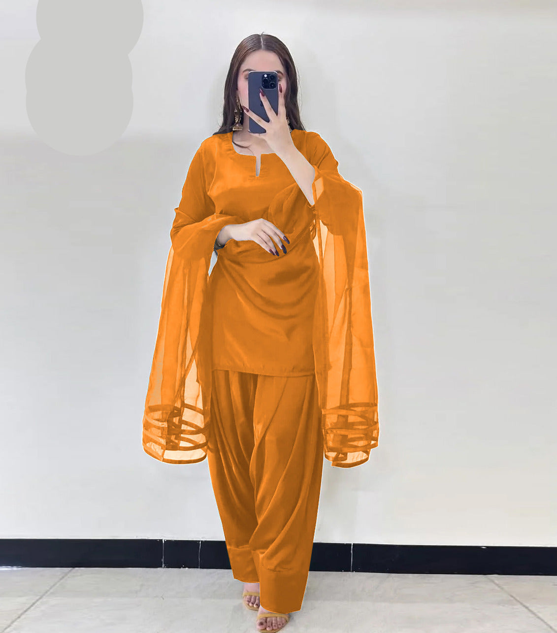 Medium Farshi Shalwar Kameez 3 Piece – Premium Silk with Organza Dupatta