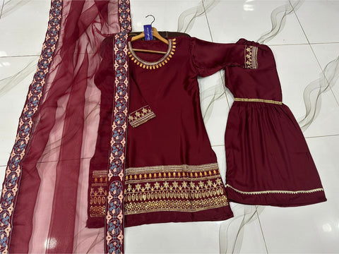 Medium Sequence Zarri Embroidered Short Shirt with Garara 3 Piece – Shamose Silk