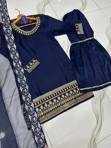 Medium Sequence Zarri Embroidered Short Shirt with Garara 3 Piece – Shamose Silk
