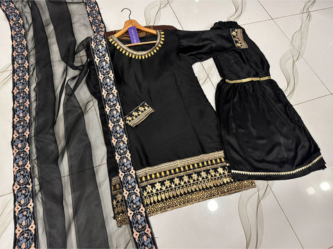 Medium Sequence Zarri Embroidered Short Shirt with Garara 3 Piece – Shamose Silk