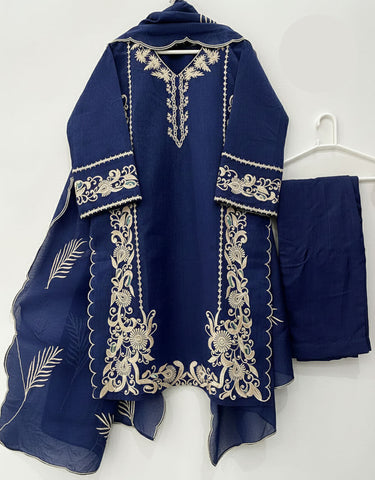 Medium Organza Neck, Sleeves & Daman Embroidered 3 Piece – Stitched Suit with Dupatta