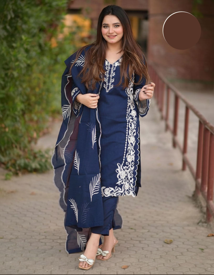 Medium Organza Neck, Sleeves & Daman Embroidered 3 Piece – Stitched Suit with Dupatta