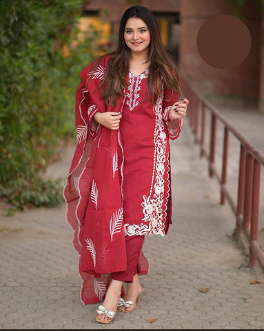 Medium Organza Neck, Sleeves & Daman Embroidered 3 Piece – Stitched Suit with Dupatta