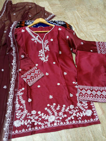 Medium Eid Trending Embroidered Farshi Shalwar 3 Piece – Silk with Chiffon Dupatta