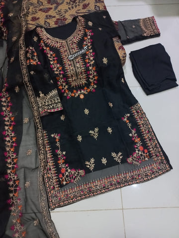 Medium Neck & Daman Embroidered Organza 3 Piece – Stitched Suit with Dupatta