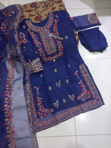 Medium Neck & Daman Embroidered Organza 3 Piece – Stitched Suit with Dupatta