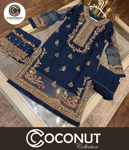 Medium Neck & Daman Embroidered Organza 3 Piece – Stitched Suit with Dupatta