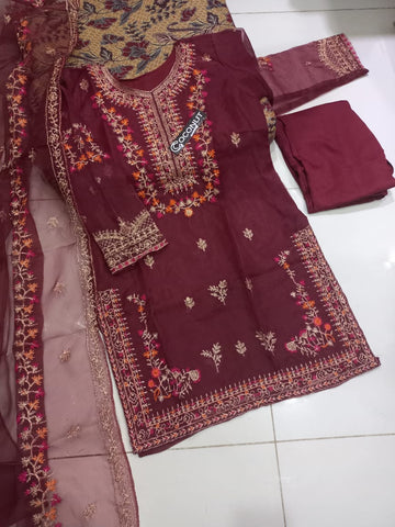 Medium Neck & Daman Embroidered Organza 3 Piece – Stitched Suit with Dupatta