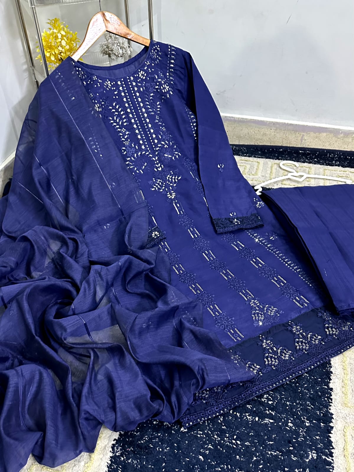 Standard Heavy Thread & Sequence Embroidered 3 Piece – PV Cotton with Monar Dupatta