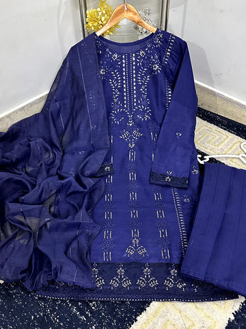 Standard Heavy Thread & Sequence Embroidered 3 Piece – PV Cotton with Monar Dupatta