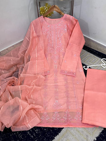 Standard Heavy Thread & Sequence Embroidered 3 Piece – PV Cotton with Monar Dupatta