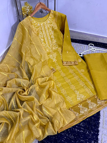 Standard Heavy Thread & Sequence Embroidered 3 Piece – PV Cotton with Monar Dupatta