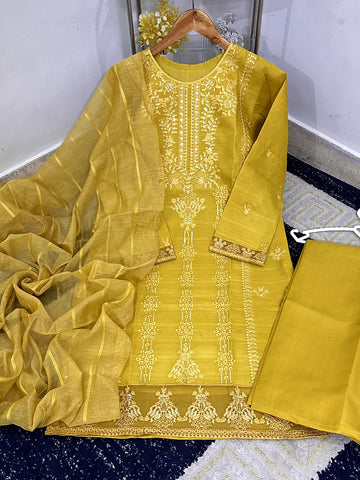 Standard Heavy Thread & Sequence Embroidered 3 Piece – PV Cotton with Monar Dupatta