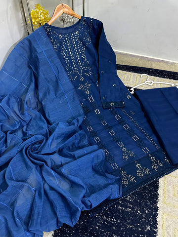 Standard Heavy Thread & Sequence Embroidered 3 Piece – PV Cotton with Monar Dupatta