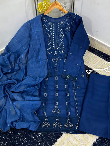 Standard Heavy Thread & Sequence Embroidered 3 Piece – PV Cotton with Monar Dupatta