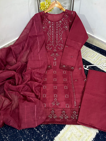 Standard Heavy Thread & Sequence Embroidered 3 Piece – PV Cotton with Monar Dupatta