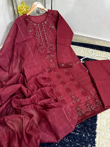 Standard Heavy Thread & Sequence Embroidered 3 Piece – PV Cotton with Monar Dupatta