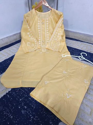 Standard Cotton 2PC Co-Ord Set – Heavy Embroidery Stitch Kurti with Embroidered Flapper