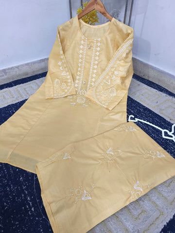 Standard Cotton 2PC Co-Ord Set – Heavy Embroidery Stitch Kurti with Embroidered Flapper
