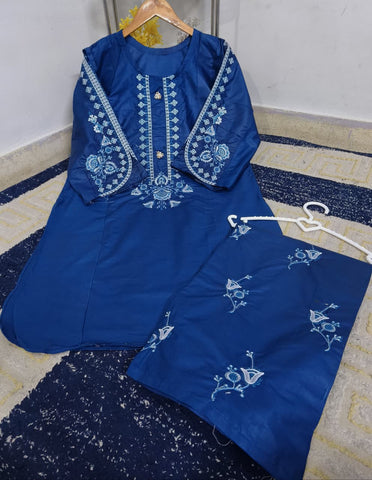 Standard Cotton 2PC Co-Ord Set – Heavy Embroidery Stitch Kurti with Embroidered Flapper