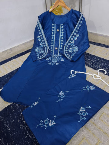 Standard Cotton 2PC Co-Ord Set – Heavy Embroidery Stitch Kurti with Embroidered Flapper