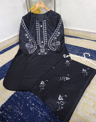 Standard Cotton 2PC Co-Ord Set – Heavy Embroidery Stitch Kurti with Embroidered Flapper