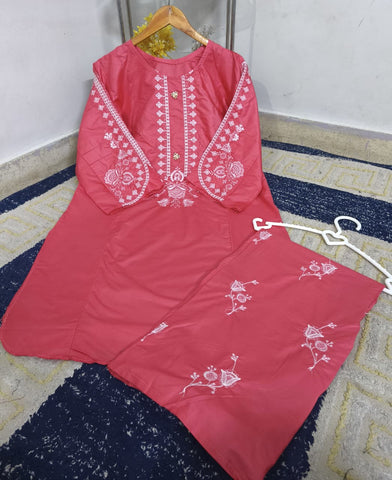 Standard Cotton 2PC Co-Ord Set – Heavy Embroidery Stitch Kurti with Embroidered Flapper