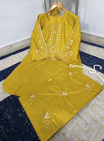 Standard Cotton 2PC Co-Ord Set – Heavy Embroidery Stitch Kurti with Embroidered Flapper