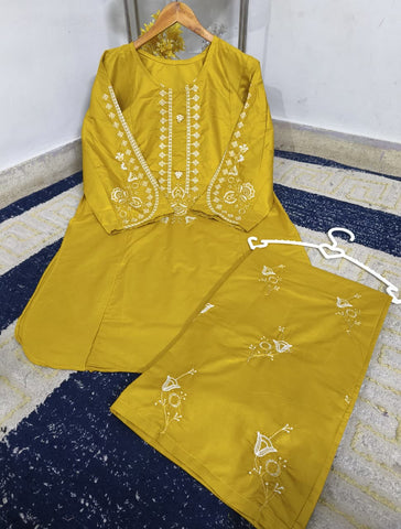 Standard Cotton 2PC Co-Ord Set – Heavy Embroidery Stitch Kurti with Embroidered Flapper