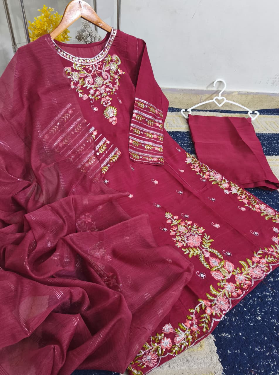Standard PV Cotton 3 Piece – Heavy Thread & Sequence Embroidery with Monar Dupatta