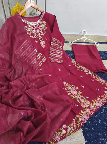 Standard PV Cotton 3 Piece – Heavy Thread & Sequence Embroidery with Monar Dupatta
