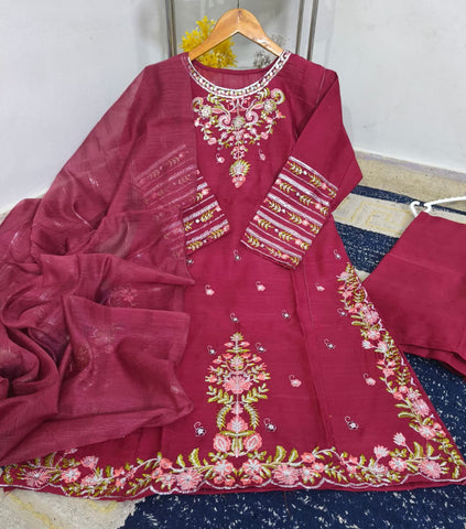Standard PV Cotton 3 Piece – Heavy Thread & Sequence Embroidery with Monar Dupatta