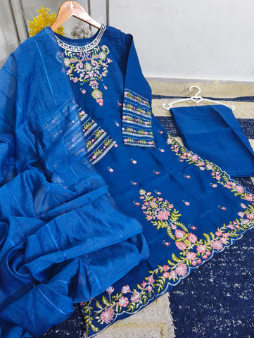 Standard PV Cotton 3 Piece – Heavy Thread & Sequence Embroidery with Monar Dupatta