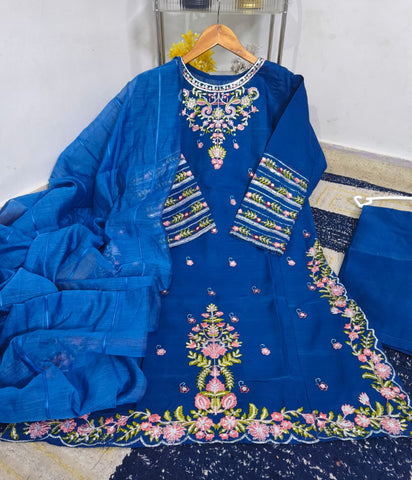 Standard PV Cotton 3 Piece – Heavy Thread & Sequence Embroidery with Monar Dupatta