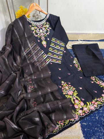 Standard PV Cotton 3 Piece – Heavy Thread & Sequence Embroidery with Monar Dupatta
