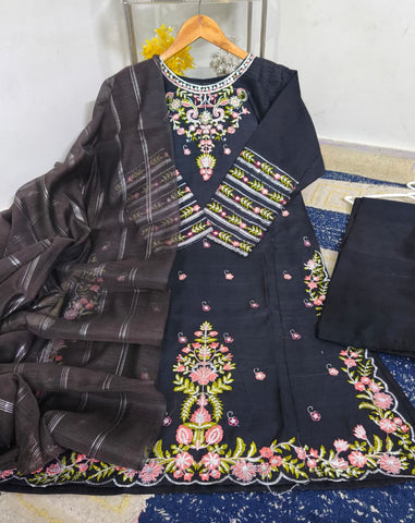 Standard PV Cotton 3 Piece – Heavy Thread & Sequence Embroidery with Monar Dupatta