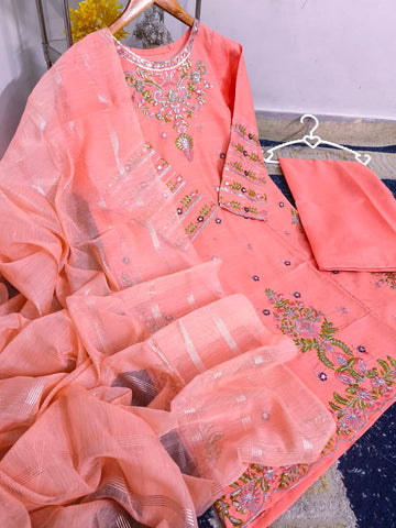 Standard PV Cotton 3 Piece – Heavy Thread & Sequence Embroidery with Monar Dupatta