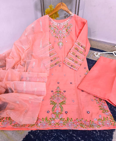 Standard PV Cotton 3 Piece – Heavy Thread & Sequence Embroidery with Monar Dupatta