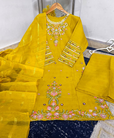 Standard PV Cotton 3 Piece – Heavy Thread & Sequence Embroidery with Monar Dupatta