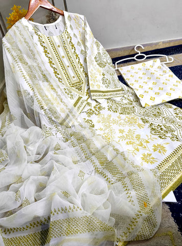 Standard Cotton 3 Piece – Block Printed Shirt with Chiffon Dupatta