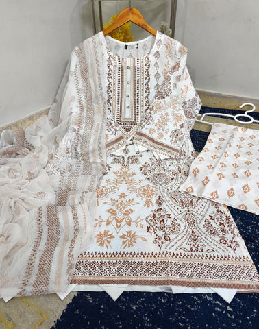 Standard Cotton 3 Piece – Block Printed Shirt with Chiffon Dupatta
