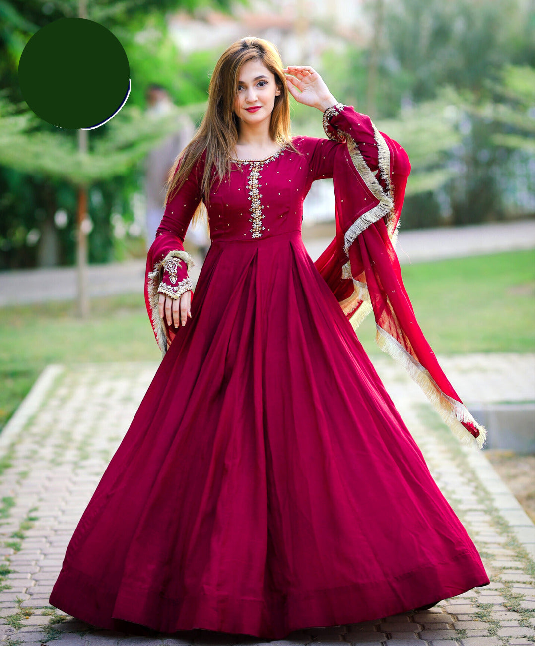 Kaya Work Embroidered Chiffon Long Maxi 3 Piece – With Lace Dupatta