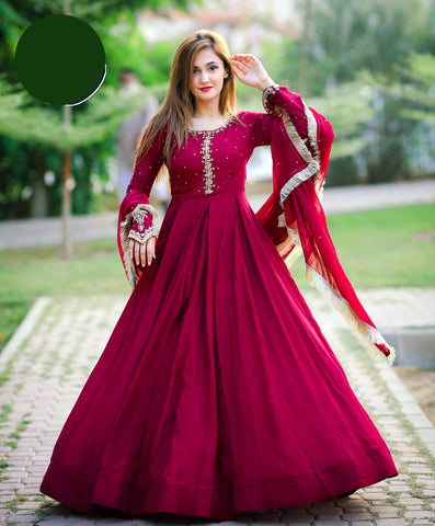Kaya Work Embroidered Chiffon Long Maxi 3 Piece – With Lace Dupatta