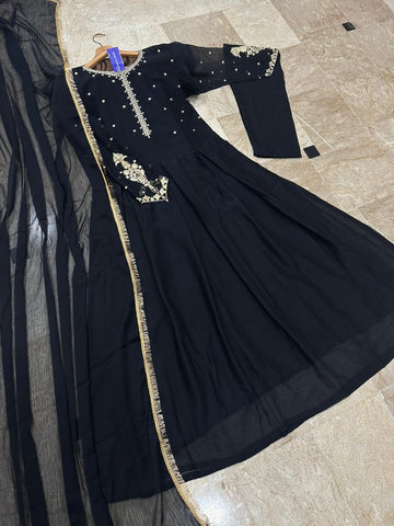 Kaya Work Embroidered Chiffon Long Maxi 3 Piece – With Lace Dupatta