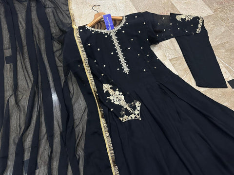 Kaya Work Embroidered Chiffon Long Maxi 3 Piece – With Lace Dupatta